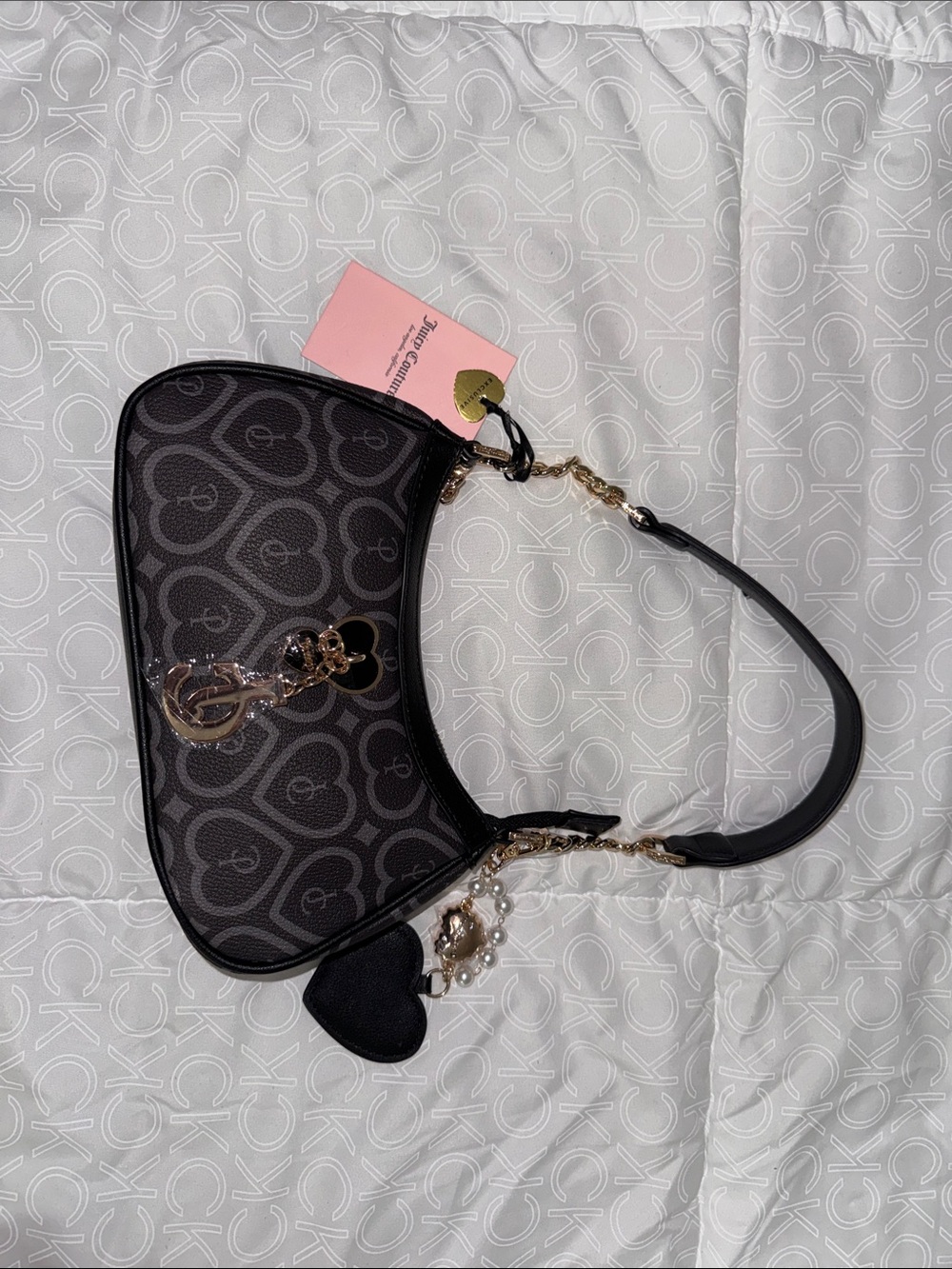 Heart-Print Black Shoulder Bag with Gold Accents